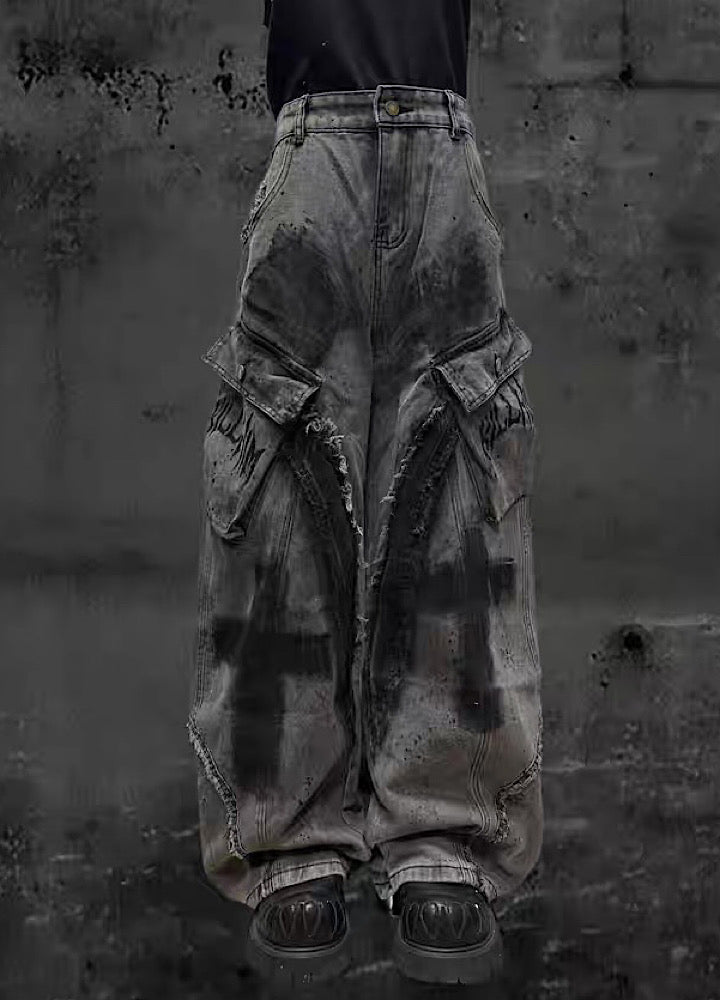 【Miub】Cross painted double design dull gray cargo denim pants  MB0013