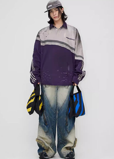 【People Style】Tattered and dull distressed design polo sweatshirt  PS0016