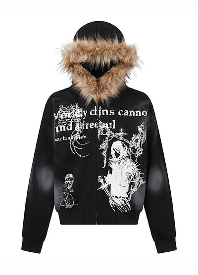 【TR BRUSHSHIFT】Subculture illustration design full zip fur jacket hoodie  TB0065