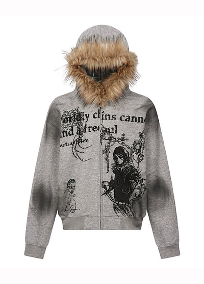 【TR BRUSHSHIFT】Subculture illustration design full zip fur jacket hoodie  TB0065