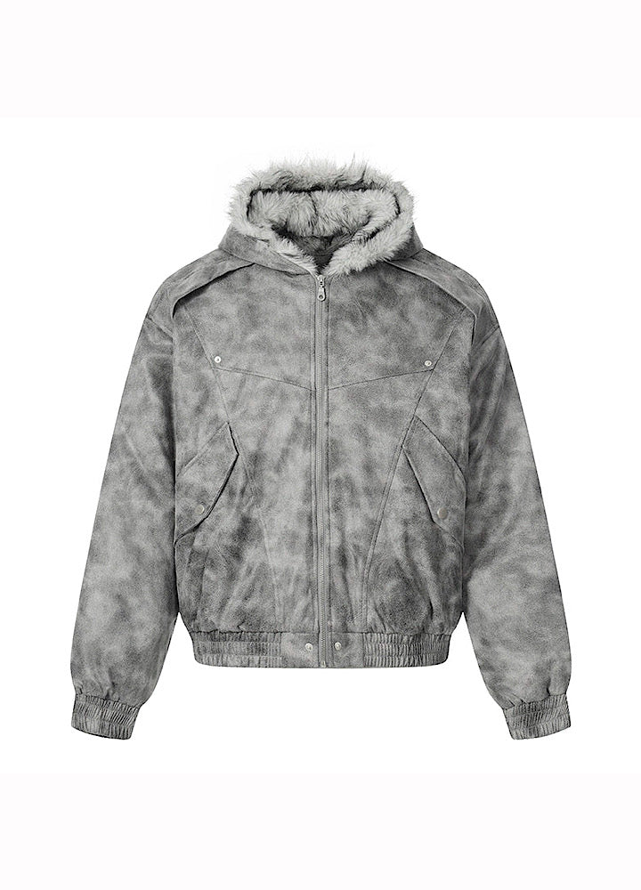 【MR nearly】Gray base wash full-zip fur hoodie jacket  MR0165