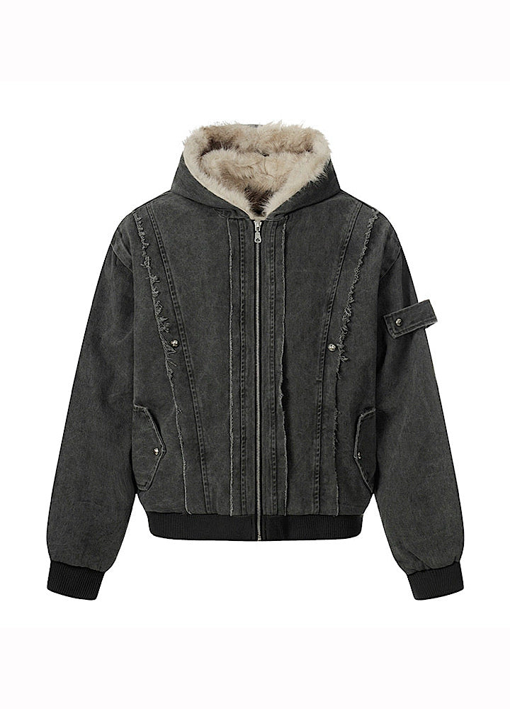 【MR nearly】Fleece-lined fringe distressed denim design fur hoodie jacket  MR0166