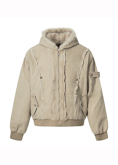 【MR nearly】Fleece-lined fringe distressed denim design fur hoodie jacket  MR0166