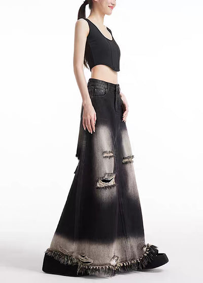 [EDX] Fully washed distressed design fringe style denim skirt EX0014