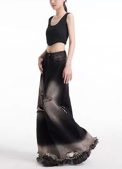 【EDX】Full washed distressed design fringe style denim skirt  EX0014