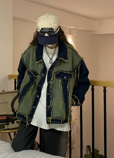 [YOBOPA] Chijire Full High Damage Distressed Ambi Denim Jacket YP0001
