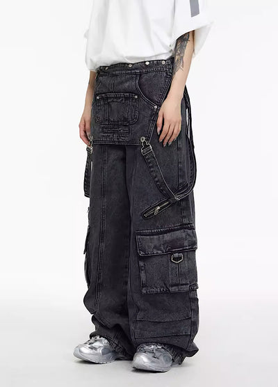 [People Style] 2way type multi-over suspender plus all denim pants PS0018