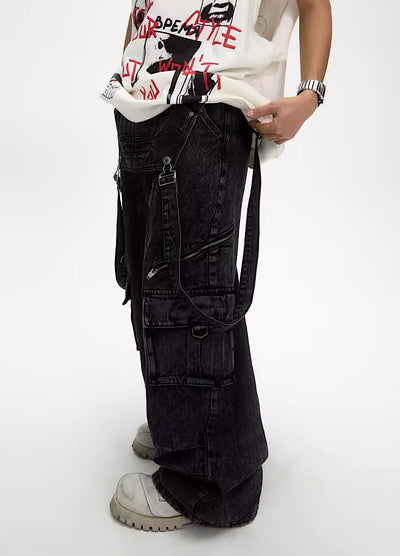 [People Style] 2way type multi-over suspender plus all denim pants PS0018