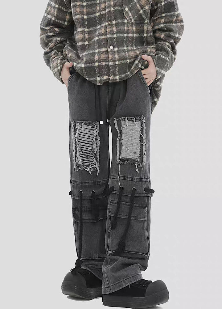 [INS] Gimmick distressed multi-design wide straight denim pants IN0032