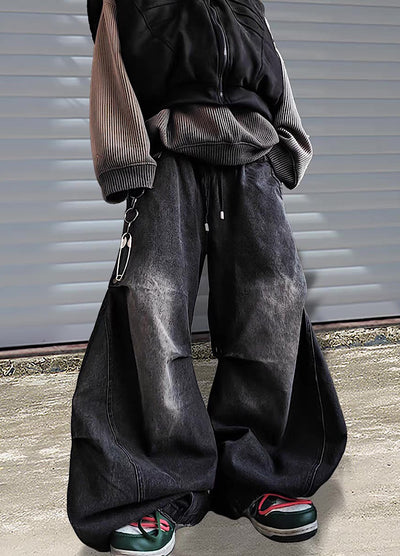 【UUCSCC】Curved silhouette pleated design vintage wash denim pants  US0110