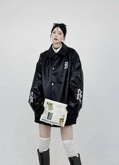 [CEDY] Pop initial design back print leather jacket CD0045
