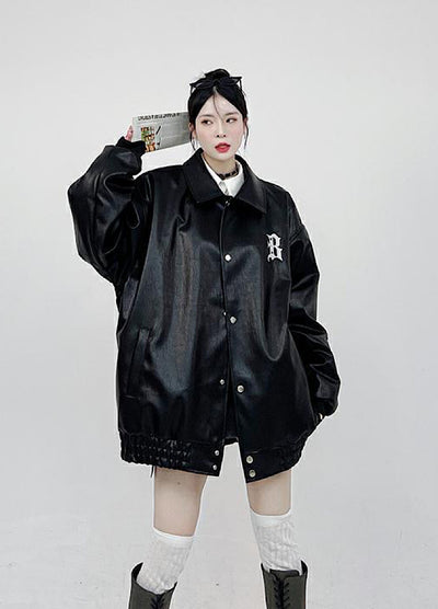 【CEDY】Pop initial design back print leather jacket  CD0045