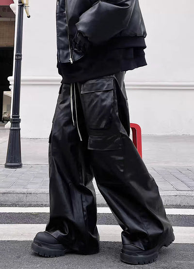 【Blacklists】Big over silhouette cargo design chic leather pants  BL0019