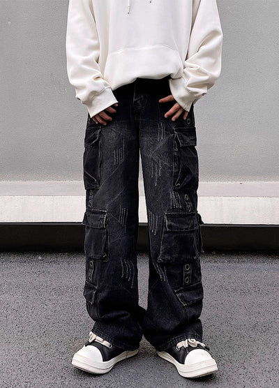 [Blacklists] Black vintage street design cargo denim pants BL0020