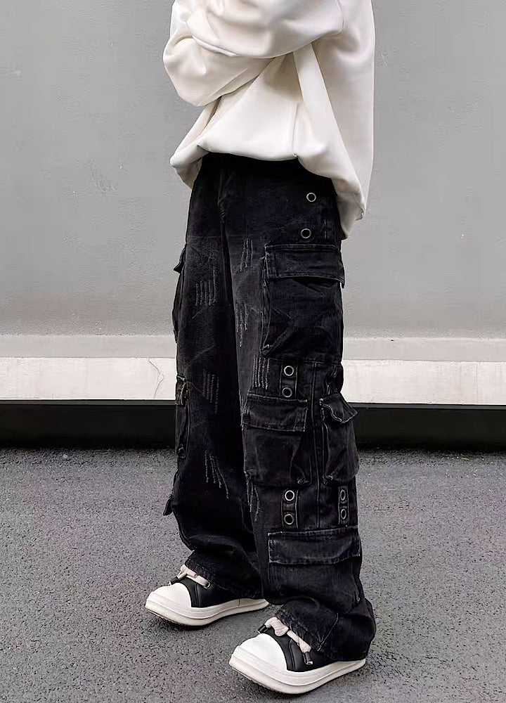 [Blacklists] Black vintage street design cargo denim pants BL0020