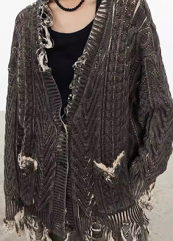 【0-CROWORLD】Vintage vintage processed loose silhouette damaged cardigan  CR0047