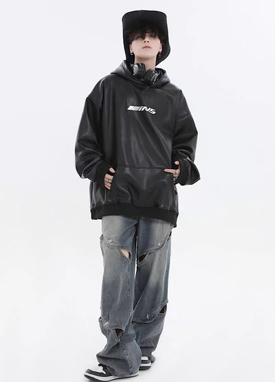 【INS】Glossy design leather plus over silhouette hoodie  IN0035