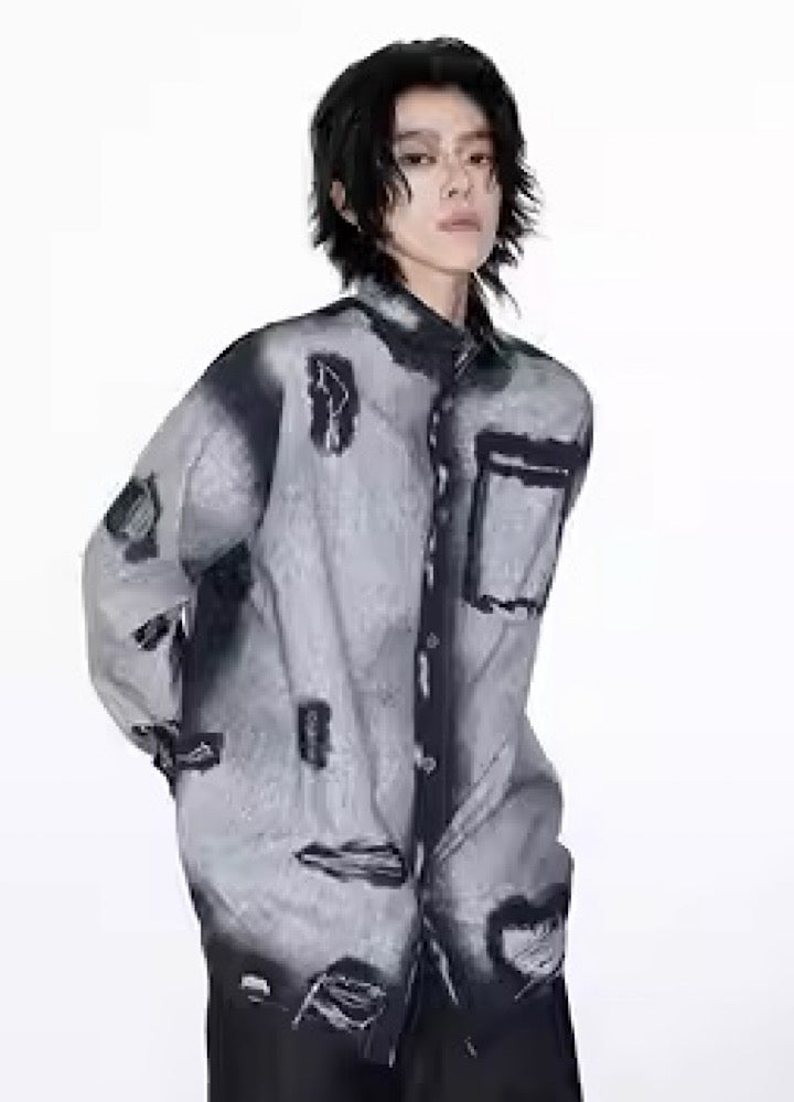 【0-CROWORLD】Random oval pattern design dull long sleeve shirt  CR0049