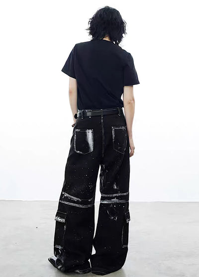【0-CROWORLD】Washed white line full belly design denim pants  CR0064
