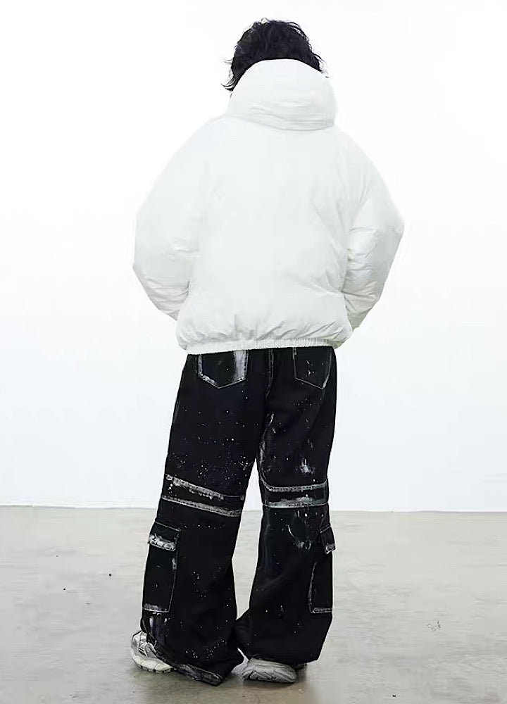 【0-CROWORLD】Washed white line full belly design denim pants  CR0064