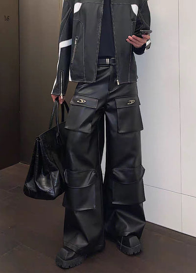 【CUIBUJU】Wide silhouette leather style cargo rise pants  CB0033