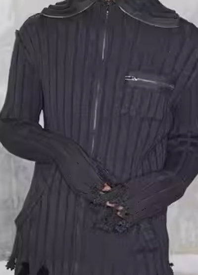 【0-CROWORLD】Front zipper gimmick simple hem damage knit  CR0051