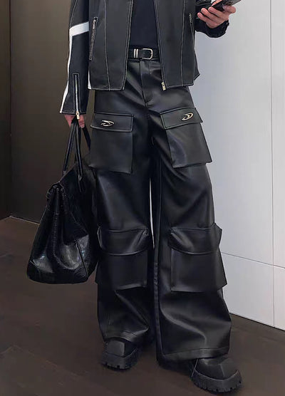 【CUIBUJU】Wide silhouette leather style cargo rise pants  CB0033