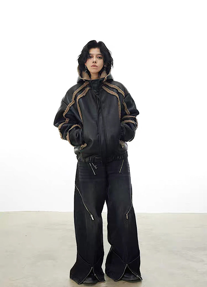 【0-CROWORLD】High chic leather design grunge damaged hoodie outerwear  CR0066