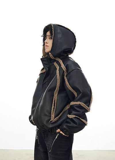 【0-CROWORLD】High chic leather design grunge damaged hoodie outerwear  CR0066