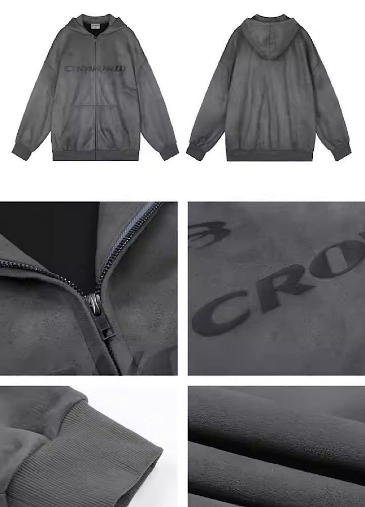 【0-CROWORLD】Brand logo plus design simple full zip hoodie  CR0053