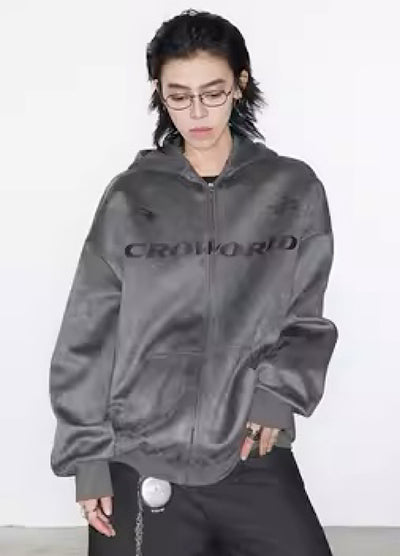 【0-CROWORLD】Brand logo plus design simple full zip hoodie  CR0053
