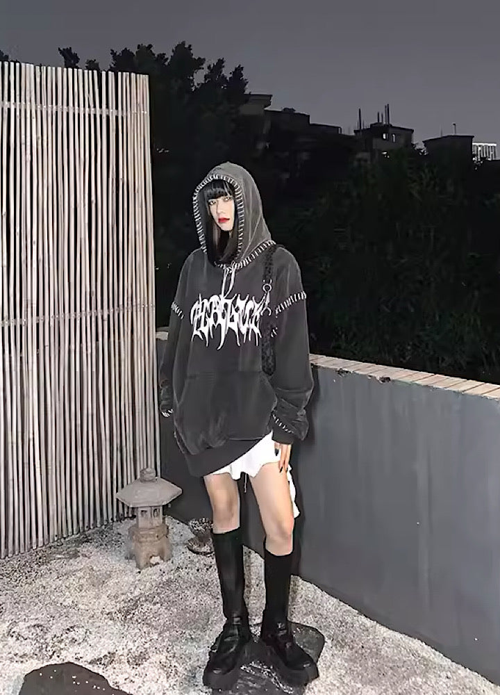 【Rouge】Stitch line damage dull color hoodie  RG0003