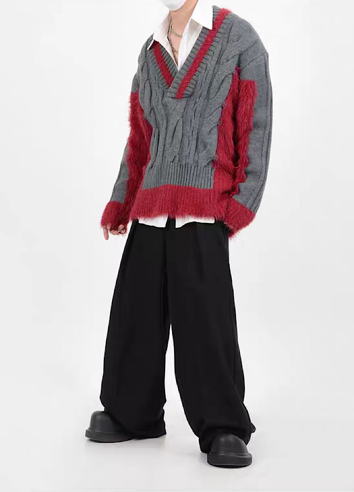 【LUCE GARMENT】V-neck style mid-damage soft knit sweater  LG0053