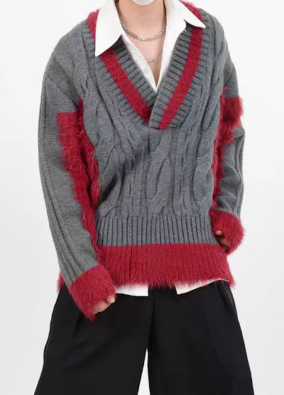 【LUCE GARMENT】V-neck style mid-damage soft knit sweater  LG0053