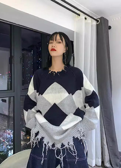 【Rouge】Sharp border design hem damage knit sweater  RG0005