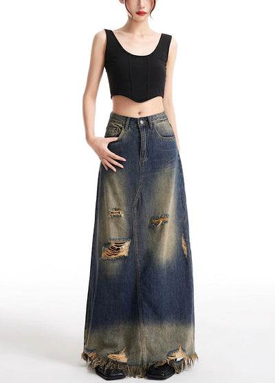 [EDX] Fully washed distressed design fringe style denim skirt EX0014