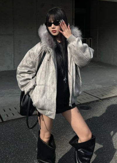 【ROY11】Fur hoodie design dull color trendy over jacket  RY0026