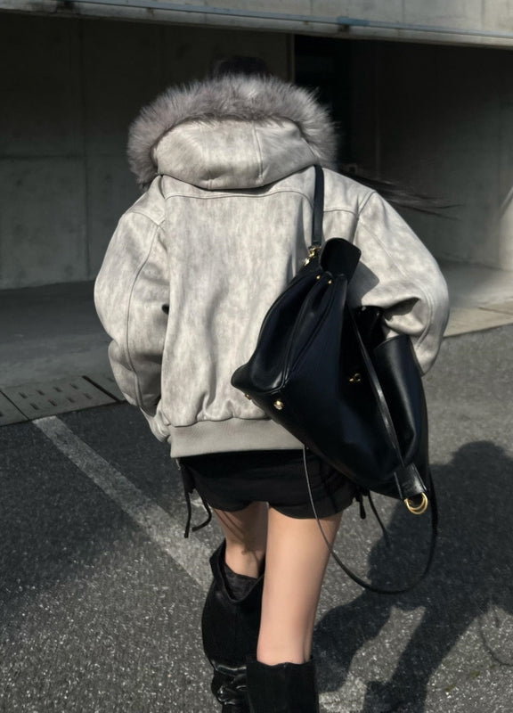 【ROY11】Fur hoodie design dull color trendy over jacket  RY0026