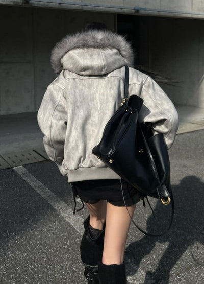 【ROY11】Fur hoodie design dull color trendy over jacket  RY0026