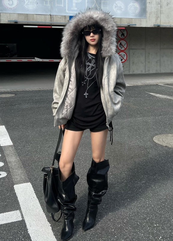 【ROY11】Fur hoodie design dull color trendy over jacket  RY0026