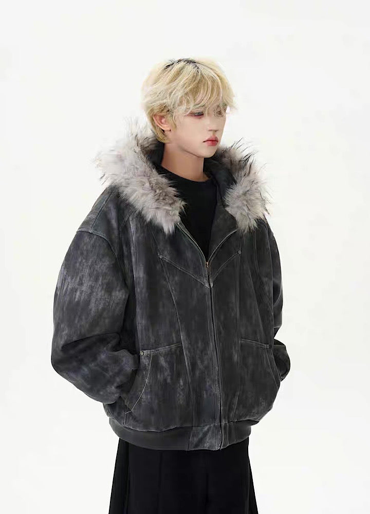 【ROY11】Fur hoodie design dull color trendy over jacket  RY0026