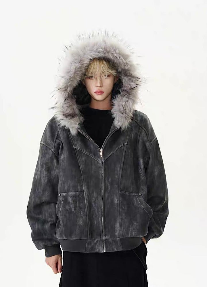【ROY11】Fur hoodie design dull color trendy over jacket  RY0026