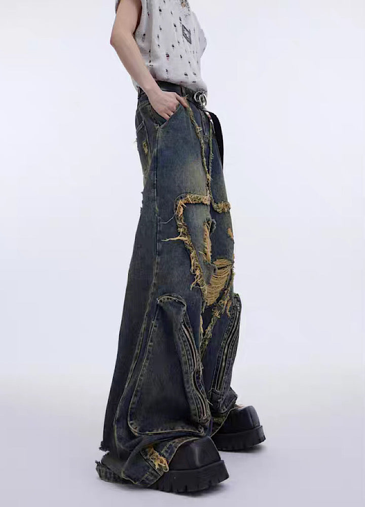 [Culture E] Mid-over silhouette distressed aglade denim pants CE0112