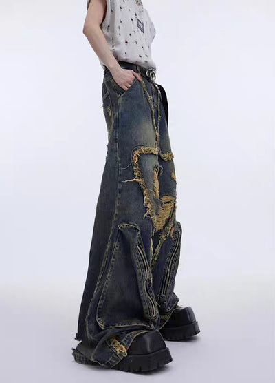 【Culture E】Mid-over silhouette distressed aglade denim pants  CE0112