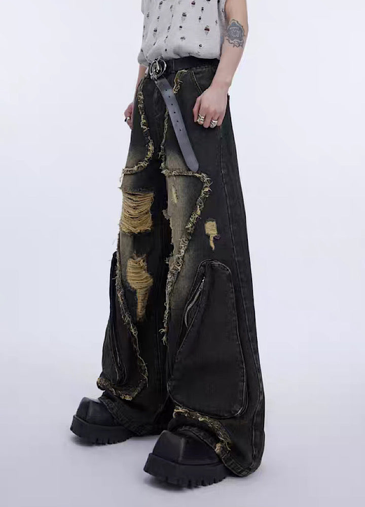 [Culture E] Mid-over silhouette distressed aglade denim pants CE0112