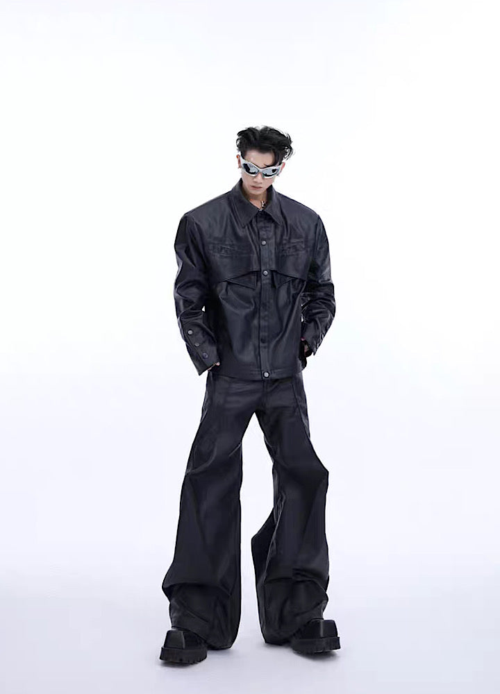 【Culture E】Sharp silhouette design leather blacking pants  CE0114