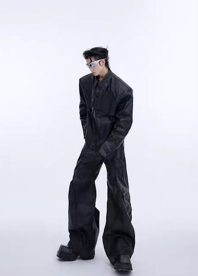 【Culture E】Sharp silhouette design leather blacking pants  CE0114