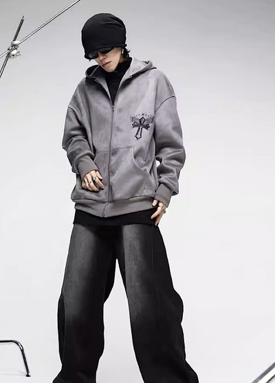 【0-croworld】Back crossover print design gray hoodie  CR0045