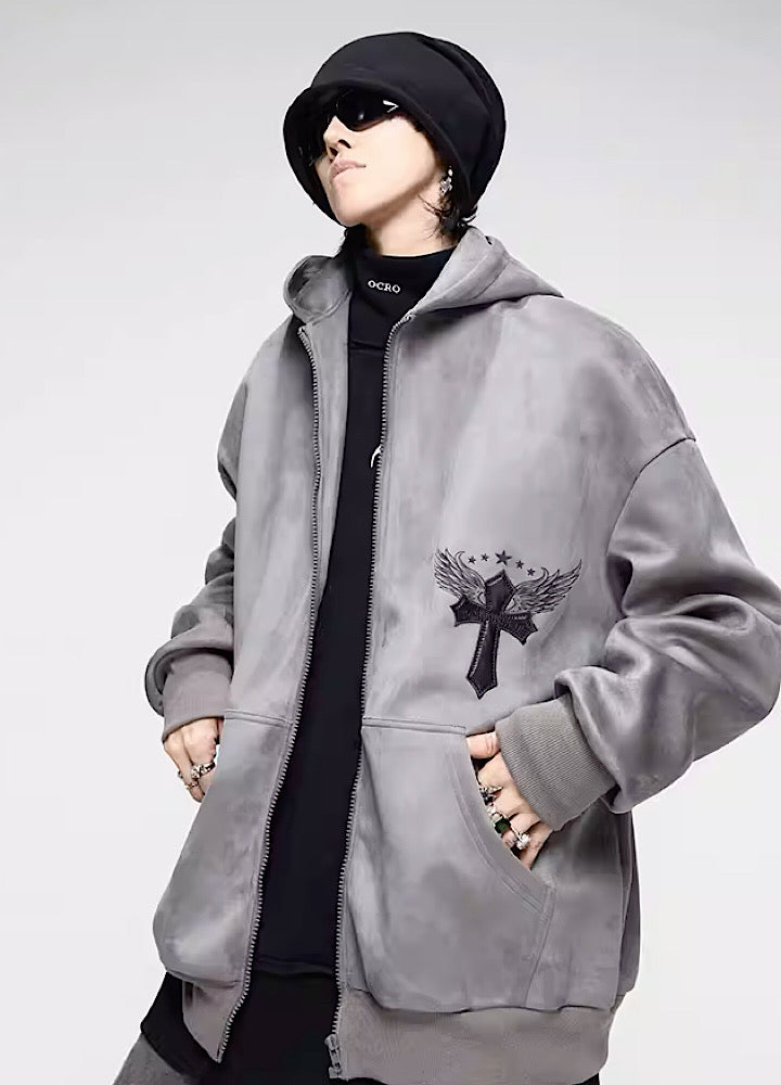 【0-croworld】Back crossover print design gray hoodie CR0045