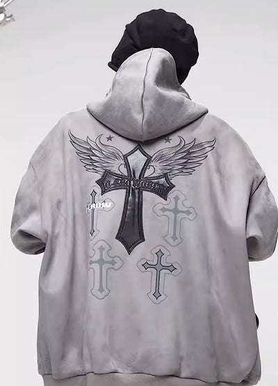 【0-croworld】Back crossover print design gray hoodie CR0045